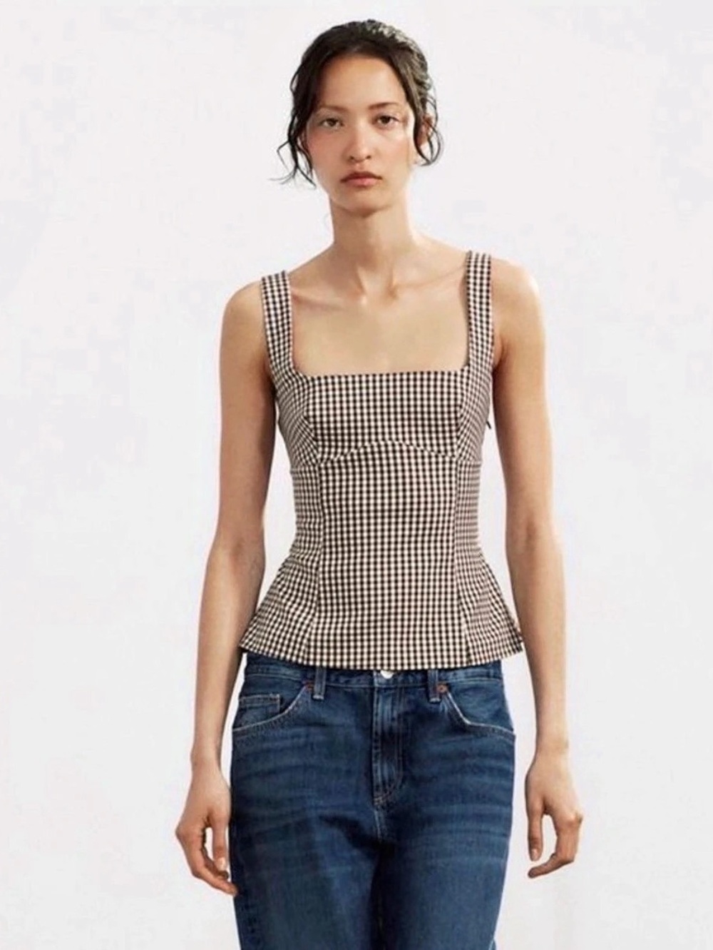 Zara Gingham Top with Bow Brown & White